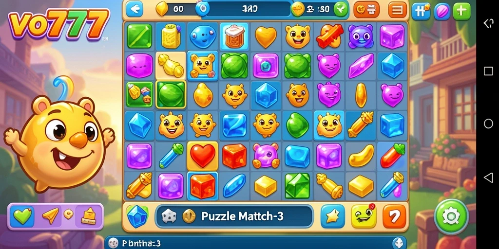Tampilan antarmuka seru dari game Puzzle Match-3 VO777.